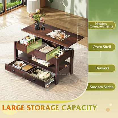 WLIVE Coffee Table, Lift Top Coffee Table with 2 Drawers, Large Hidden Compartment and Open Storage Shelf, Lift Tabletop, Dining Table for Living Room, Espresso