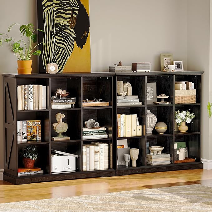 IRONCK Wooden 9 Cube Storage Organizer, Cube Shelf Organizer with Storage, Farmhouse Short Bookshelf for Bedroom, Living Room and Home Office, Black