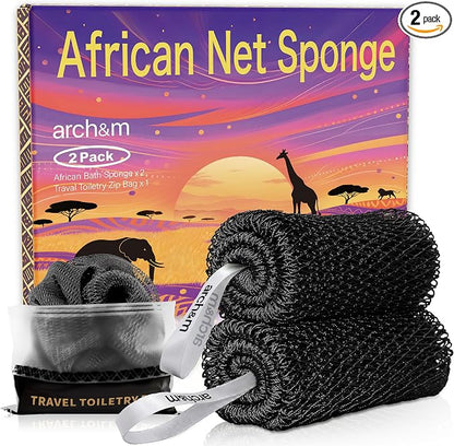 ARCH&M African Net Sponge Authentic, Shower Back Scrubber, Black, 2 Pack | 53" Extra-Long, Quick-Dry, Exfoliating Shower Loofah, Soft Mesh for All Skin Types, For Women and Men
