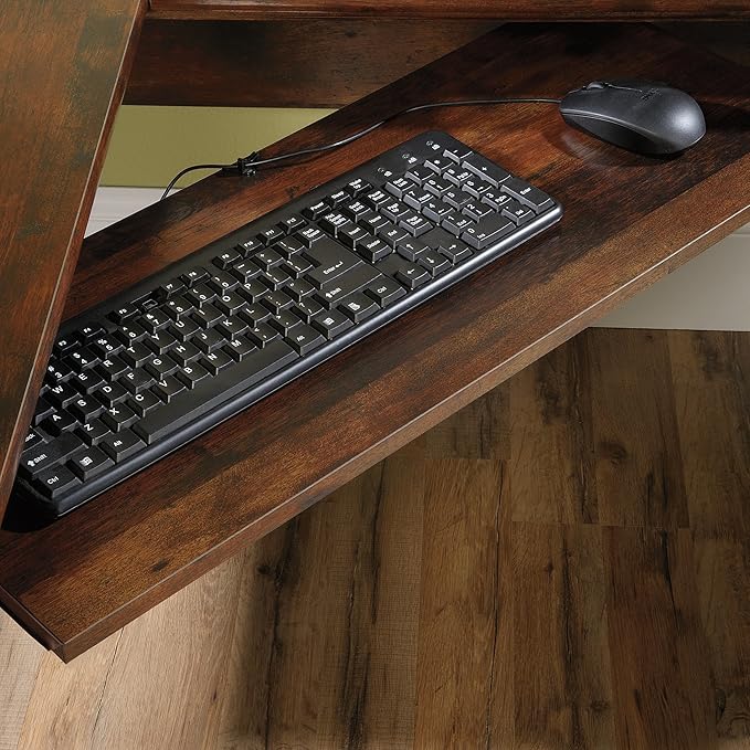 Sauder Harbor View L Shaped Computer Desk Home Office with File Cabinet Storage Drawer, Cable Management, Keyboard Tray, in Curado Cherry finish