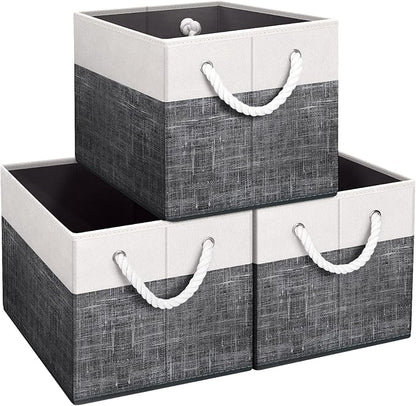 Fab totes Storage Bins [3-Pack], Foldable Storage Baskets for Organizing Toys, Books, Shelves, Closet, Large Storage Box with Rope Handles, Sturdy Organizer Bins, White & Black