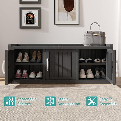 NUNU LAB Shoe Storage Cabinet, Waterproof Shoe Organizer with Adjustable Shelves, UV-Resistant Entryway Shoe Cabinet Bench with 3 Barn Doors for Indoor Outdoor, Foyer, Hallway, Living Room,Black