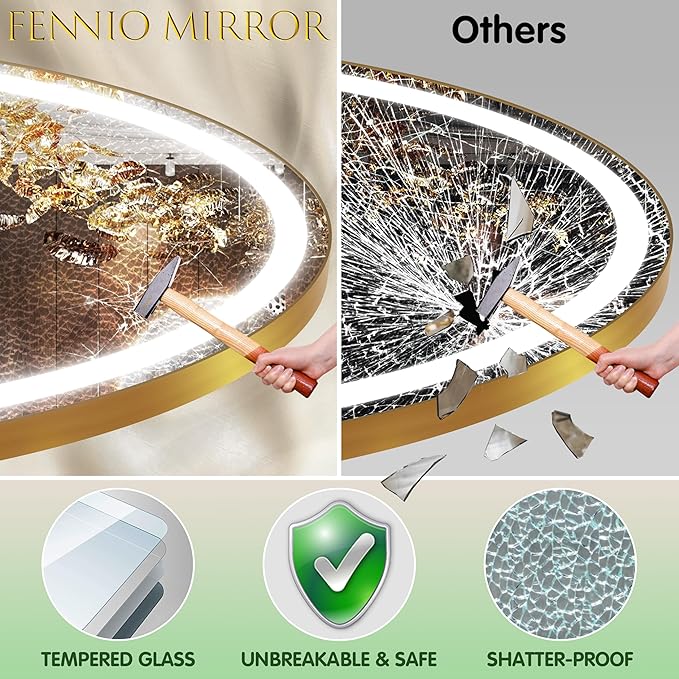 FENNIO 70" x 36" Large Wall Mounted Mirror with LED Lights, Oval Full Length LED Lighted Full Body Dressing Mirror for Bedroom, Salon, Brushed Aluminum Frame, Tempered Glass