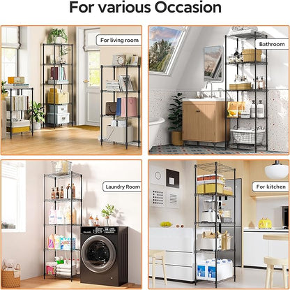 M MZG 5 Tiers Shelf Metal Storage Shelves Wire Rack Closet Organizers with Wheel for Garage Kitchen Bathroom Laundry Black 11.8" D x 17.7" W x 55" H