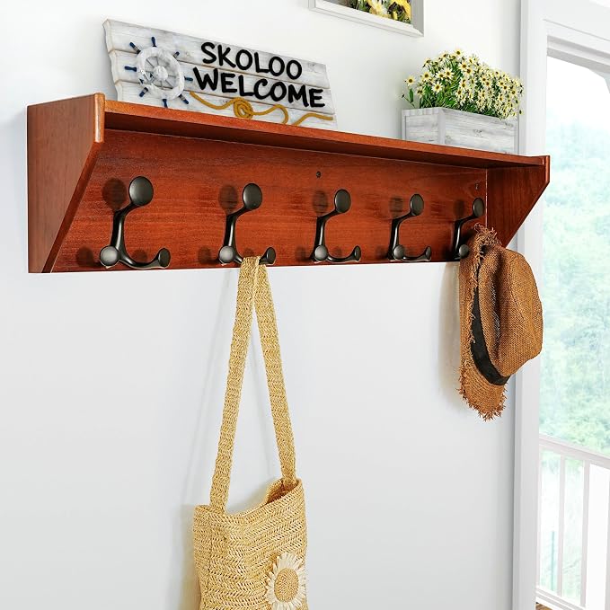 SKOLOO Wall Shelf with Hooks, 35-Inch Cherry Coat Rack Wall Mount with Shelf Organizer - Lightweight & Sturdy, 5 Tri Hooks - Perfect for Entryway, Hallway, Living Room, Bedroom, Mudroom