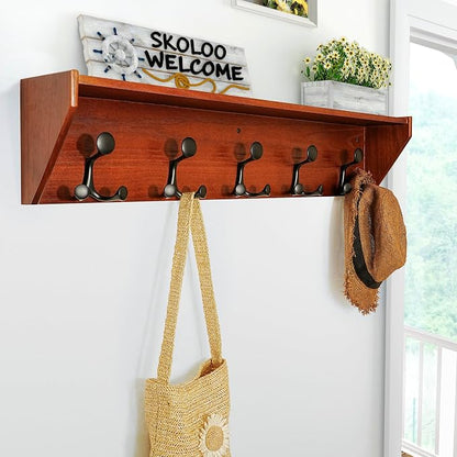 SKOLOO Wall Shelf with Hooks, 35-Inch Cherry Coat Rack Wall Mount with Shelf Organizer - Lightweight & Sturdy, 5 Tri Hooks - Perfect for Entryway, Hallway, Living Room, Bedroom, Mudroom