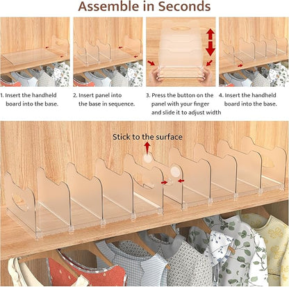 2-Pack Purse Organizers for Closet, Adjustable Small Shelf Divider Rack for Closet, Clear Handbag Storage Organizer, Plastic Bookshelf Separator Divider for Bedroom Living Room Office