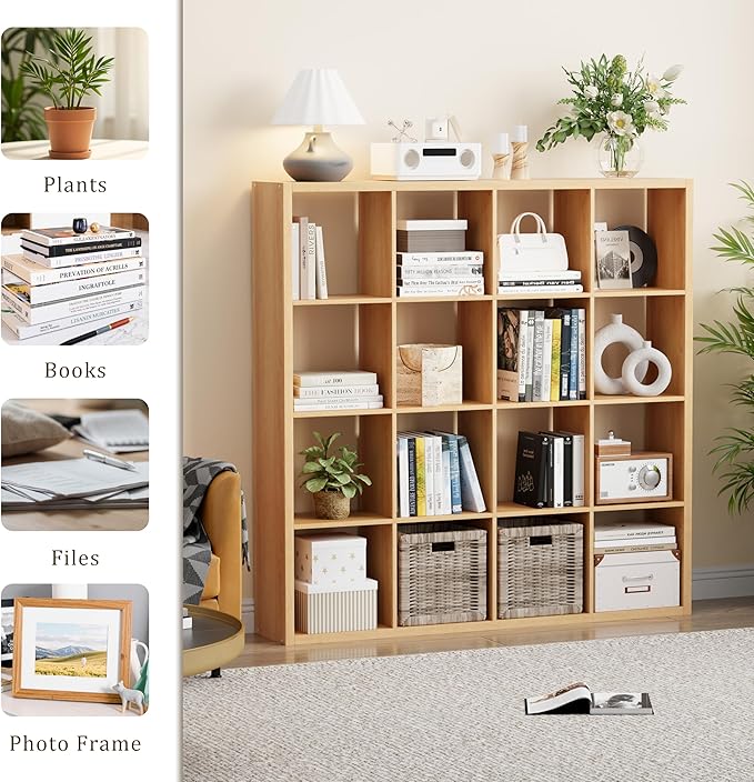 Cube Storage Organizer Bookcase, Decorative 11 inch Open Back Cubical Shelf with Thickened Border, Display Bookshelf for Living Room, Home Office, Sturdy Room (Natural Oak, 16 Cube)