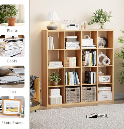 Cube Storage Organizer Bookcase, Decorative 11 inch Open Back Cubical Shelf with Thickened Border, Display Bookshelf for Living Room, Home Office, Sturdy Room (Natural Oak, 16 Cube)