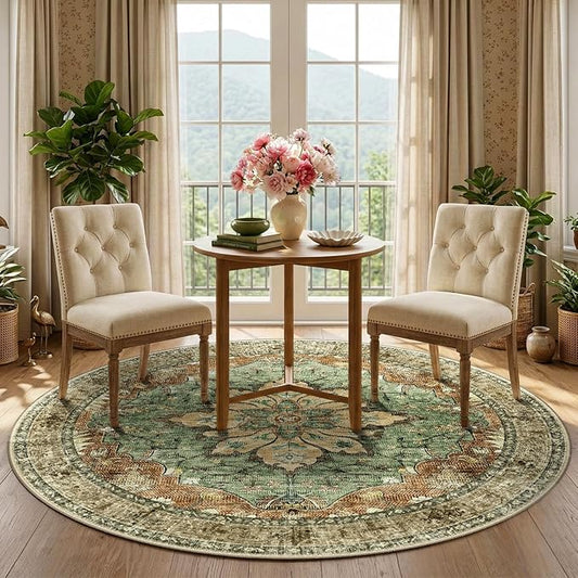 RELEANY Area Rugs Round 5ft Washable Non-Slip, Floral Vintage Distress Medallion Carpet for Living Room Bedroom Dining Room, Terracotta Burnt Orange Green