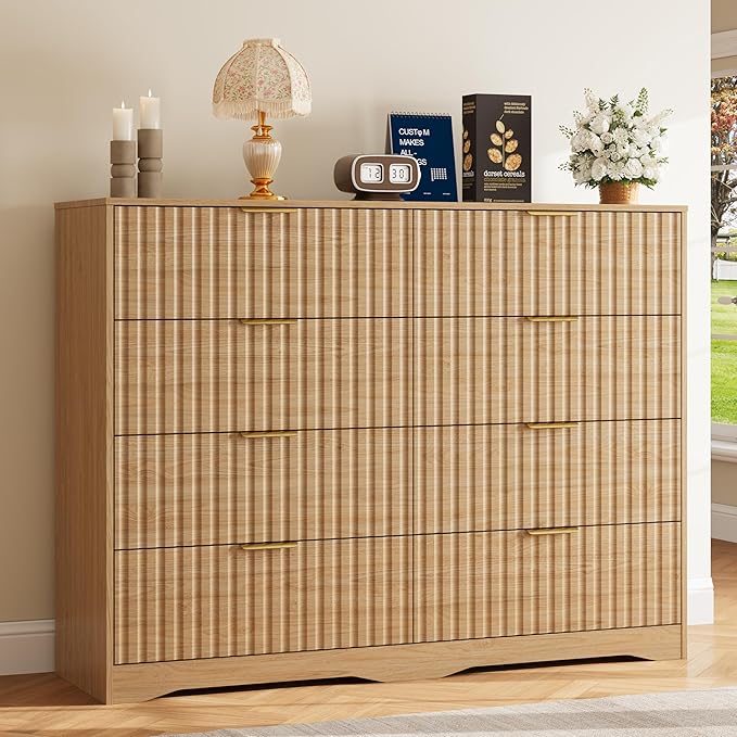 Fluted 8 Drawers Dresser for Bedroom, 55" Wide Wood Dressers Chest of Drawers with Metal Handle, Mid Century Modern Dresser Storage Organizer for Living Room, Natural Oak