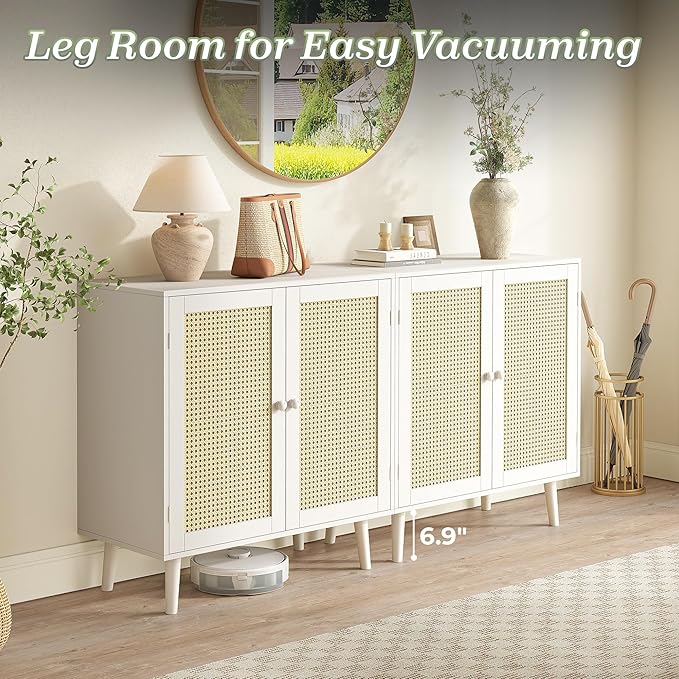 Huuger Buffet Cabinet with Storage, Storage Cabinet with PE Rattan Decor Doors, Solid Wood Feet, for Hallway, Entry, Living Room, White