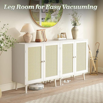 Huuger Buffet Cabinet with Storage, Storage Cabinet with PE Rattan Decor Doors, Solid Wood Feet, for Hallway, Entry, Living Room, White
