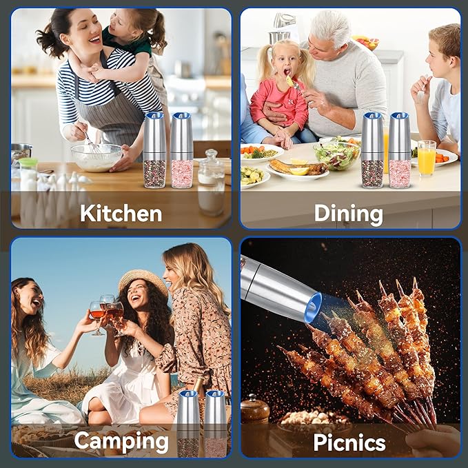 UNNEES Gravity Electric Salt and Pepper Grinder set of 2, Automatic Salt And Pepper Grinder Set, Adjustable Roughness, Battery Powered, LED Light, 2 Pack, (Silver)