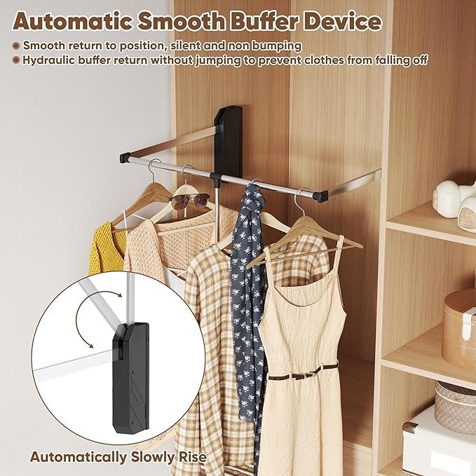 Pull Down Closet Rod Adjustable Width 26-35 Inches Floating Shelves Liftable Clothes 60lbs Hanger Heavy Duty Wardrobe Organizer Adjustable Home Clothes Storage Side & Back Mounted Closet Pole