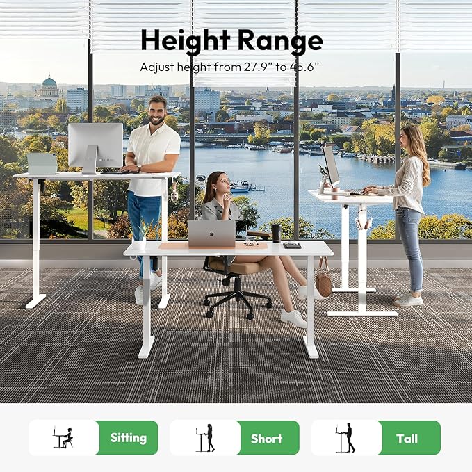 Large Electric Standing Desk,55x28 Inches Adjustable Height Stand up Desk, Sit Stand Home Office Desk, 3 Preset Heights,Equipped with Hooks,Ergonomic Computer Desk Workstation，White