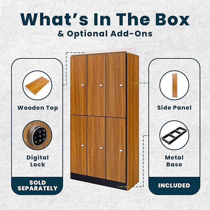Alpine 6 Door Wooden Locker Cabinet - 72" Expandable Commercial Storage Lockers for Gym, Spa, Office & Golf Club - Includes Metal Base & Lock-Ready Handles, Triple Column 2 Tier - Oak