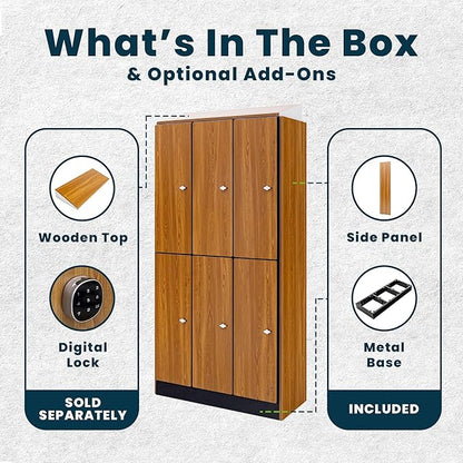 Alpine 6 Door Wooden Locker Cabinet - 72" Expandable Commercial Storage Lockers for Gym, Spa, Office & Golf Club - Includes Metal Base & Lock-Ready Handles, Triple Column 2 Tier - Oak