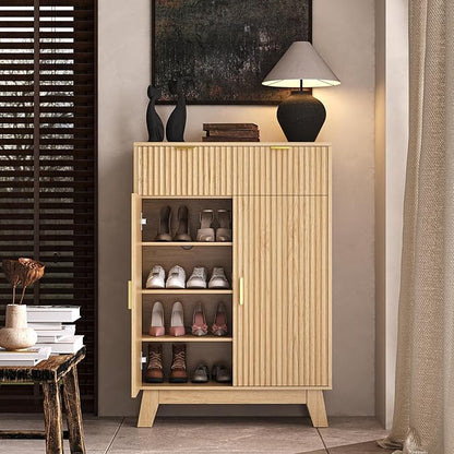 Fluted Shoe Cabinet, 4-Tier Mid Century Modern Narrow Shoe Storage Cabinet with Doors & 2 Drawers, Adjustable Shelves, Freestanding Hidden Shoe Rack Organizer & Wooden Legs for Entryway