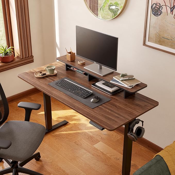 FEZIBO One-Piece Standing Desk Adjustable Height Stand up Home Office Desk, 48x24 Inch Electric Standing Computer Desk, with 4 Memory Presets, Headphone Hook, Black Walnut