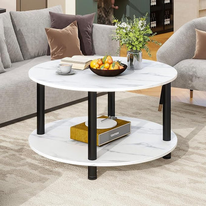 23.6" Round Coffee Table, 2-Tier Small Circle Coffee Table with Storage, Modern Center Accent Table with Metal Frame, Side Table End Table for Small Space, Living Room, Office, White