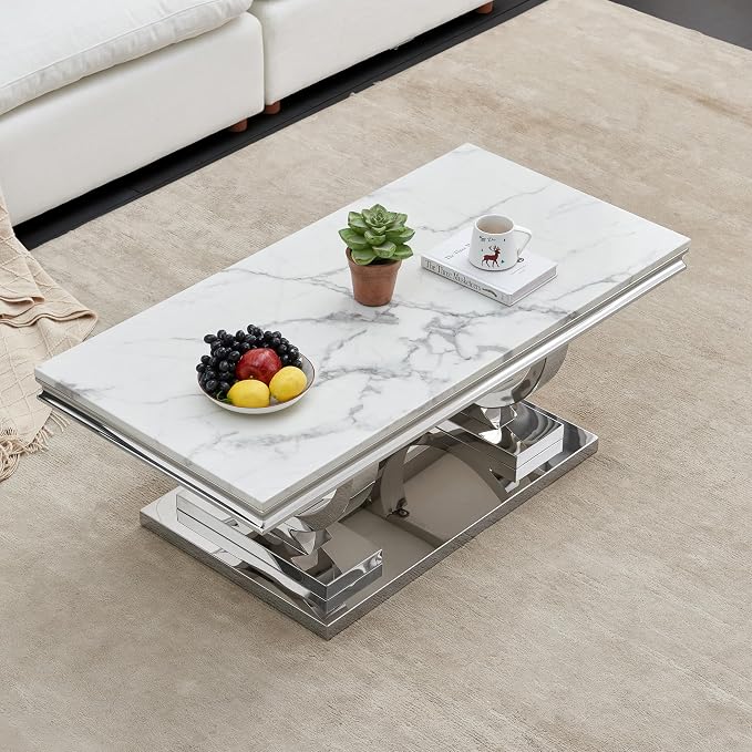 1 Piece Living Room Coffee Table Luxury Faux Marble Center Table, Modern White Silver Coffee Table with Double O Shape Stainless Steel Pedestal Base, 1 Table Only