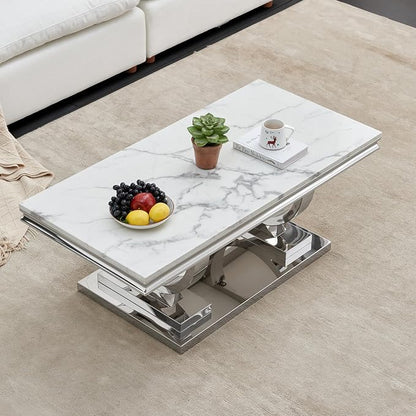 1 Piece Living Room Coffee Table Luxury Faux Marble Center Table, Modern White Silver Coffee Table with Double O Shape Stainless Steel Pedestal Base, 1 Table Only