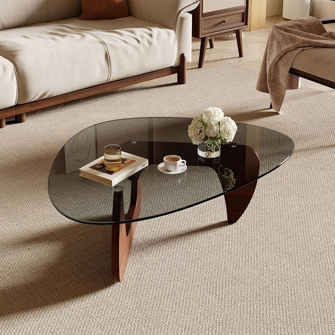 Modern Coffee Table for Living Room and Small Spaces, 35.6" x 25.4" x 15.8" Triangle Tempered Glass Table Top and Solid Wood Base, Walnut
