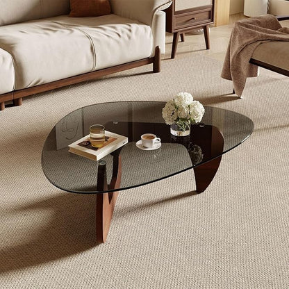 Modern Coffee Table for Living Room and Small Spaces, 43.3" x 29.5" x 15.8" Triangle Tempered Glass Table Top and Eco-Friendly Solid Wood Base, Walnut