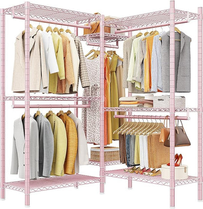 Raybee Clothes Rack, Clothing Racks for Hanging Clothes, L Shaped Clothing Rack for Corner 900LBS Heavy Duty Clothes Rack Garment Rack 74.5" W X 18" D X 77" H, Pink