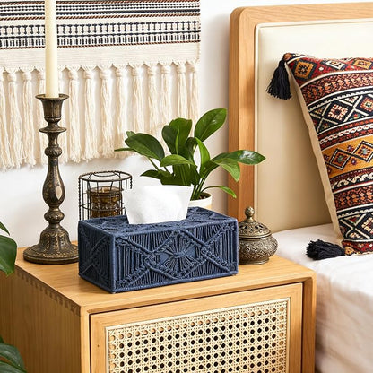 Woven Macrame Boho Tissue Box Cover Rectangular for Home Decor,Resin Heavy Woven Tissue Box Holder for Bathroom Kitchen Countertop,Bedroom, Vanity, Night Stand, Office, Waterproof Durable (Blue)