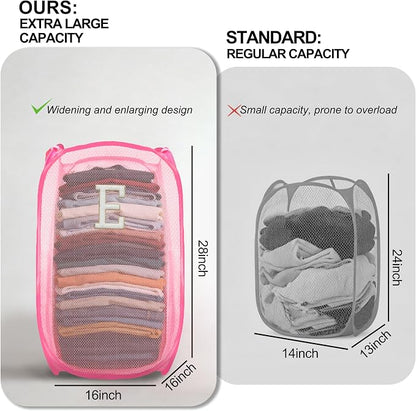 Collapsible Pop Up Laundry Hamper, Extra Large with Removable Initial Letter E, Mesh Foldable Laundry Basket, 28" x 16" x 16" (Pink)