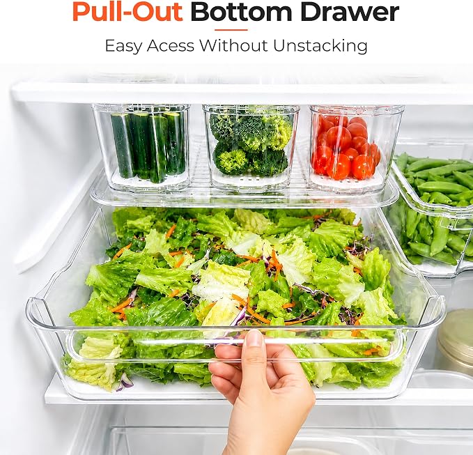 SMRCAD Refrigerator Organizers, Clear Pull-out Drawer Container and Organizer Bins with Lids, Stackable Storage Containers for Fruits, Vegetable (Set of 3 (Include Pull Out Drawer))