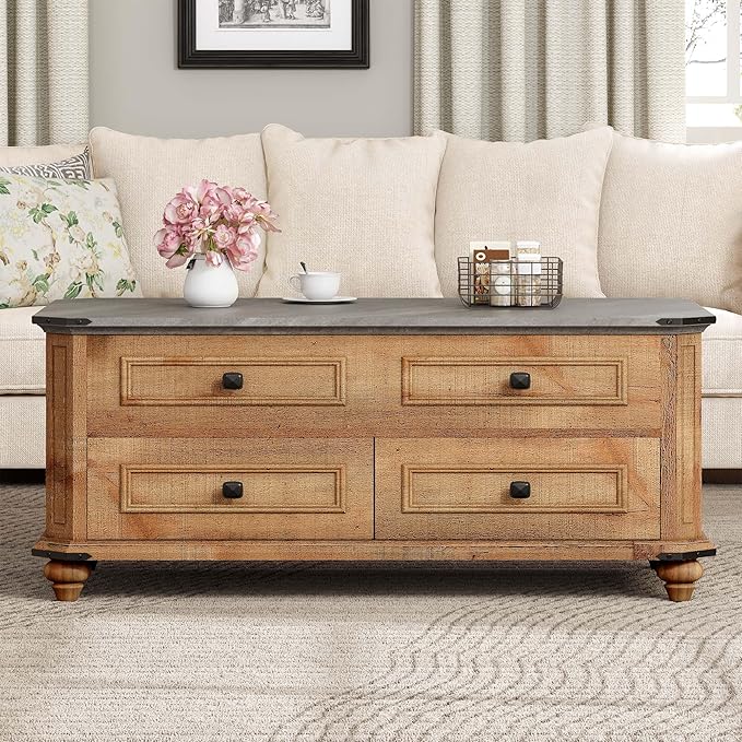 YITAHOME Lift Top Coffee Table with Storage 2 Drawers, Square Coffee Tables for Living Room, Farmhouse Coffee Table with Large Hidden Storage Compartment, Brown