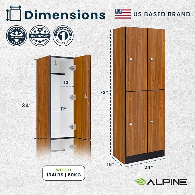 Alpine 4 Door Wooden Locker Cabinet - 72" Expandable Commercial Storage Lockers for Gym, Spa, Office & Golf Club - Includes Metal Base & Lock-Ready Handles, Double Column 2 Tier - Oak