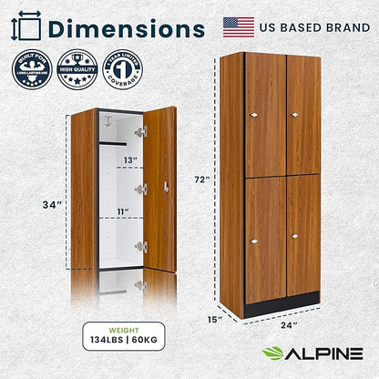 Alpine 4 Door Wooden Locker Cabinet - 72" Expandable Commercial Storage Lockers for Gym, Spa, Office & Golf Club - Includes Metal Base & Lock-Ready Handles, Double Column 2 Tier - Oak