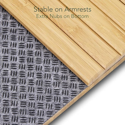 DETOR Sofa Arm Tray with Grained Cork Pad, Natural Bamboo Finish, Enhanced Non-Slip Bottom, Sturdy Bamboo Slats, Fits Armrests 4.6" and Wider