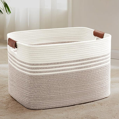 SunNewt 86L Extra Large Laundry Basket with Leather Handles for Living Room Storage, Woven Rope Baskets for Blanket, Kids Toy, Gifts, Wicker Hamper for Bedroom Dirty Clothes, 24"x16"x14" White Brown