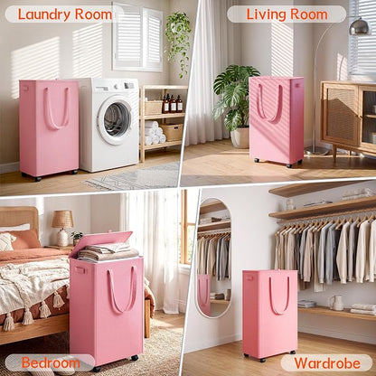 Slim Laundry Hamper with Wheels,20 Gal (75L) Rolling Laundry Basket with lid and wheels Clothes Hamper Foldable Tall Dirty Clothes Basket Sturdy Collapsible Clothes Hamper for Dorm,Laundry Room