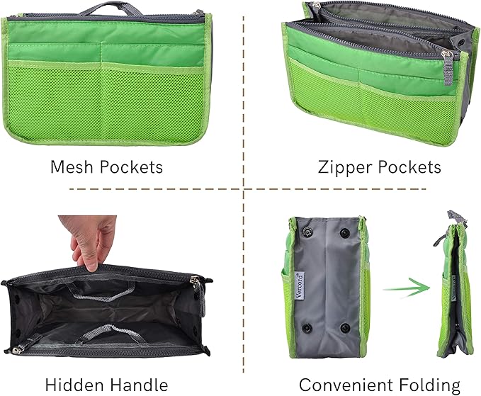Vercord Purse Organizer Insert for Handbags Bag Organizers Inside Tote Pocketbook Women Nurse Nylon 13 Pockets Green Large