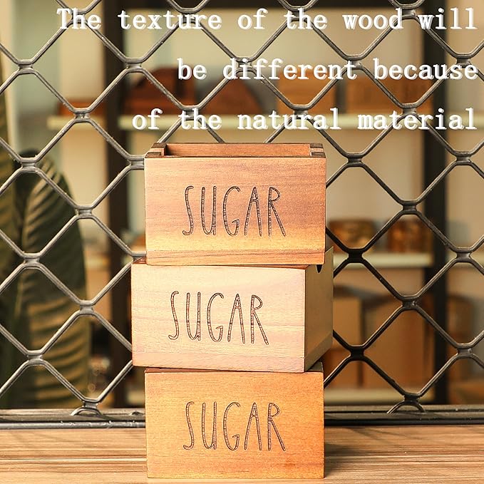 Acacia Sugar Packet Caddy for Coffee Bar, Farmhouse Wood Sugar Holder Packets , Sugar Packet Container, Small Tea Bag Organizer for Office Table,Hotel, Restaurant (Brown-Labeled SUGAR)