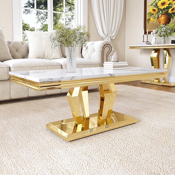 Modern Marble Coffee Table, 47" Living Room Table with Diamond-Shape Stainless Steel Base and Thickened Faux Marble Top for Living Room, Bedroom, Lounge (Gold,White)