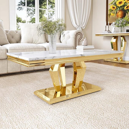 Modern Marble Coffee Table, 47" Living Room Table with Diamond-Shape Stainless Steel Base and Thickened Faux Marble Top for Living Room, Bedroom, Lounge (Gold,White)
