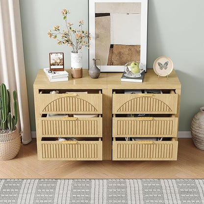 6 Drawer Dresser, Farmhouse Fluted Chest of Drawers, Wooden End Table, Mid- Century Modern Bedroom Nightstand Side Table for Bedrooms, Closets, Hallways, and Entryways, Natural X2