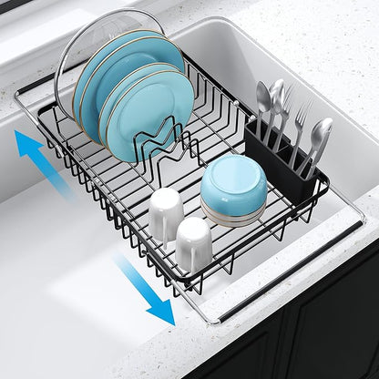 JASIWAY in Sink Dish Drying Rack, Expandable Stainless Steel Dish Drainers for Kitchen Sink, Over Sink Dish Drying Rack with Utensil Holder, 13.4''~16.9''D x 11.8''W, Black