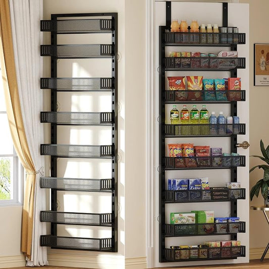 Over the Door Pantry Organizer, 8-Tier Over the Door Spice Rack with Adjustable Baskets, Wall-Mounted or Hanging Shelves for Kitchen, Laundry Room, Bathroom(Black, 19.3"W x 5.2"D x 72.6"H)