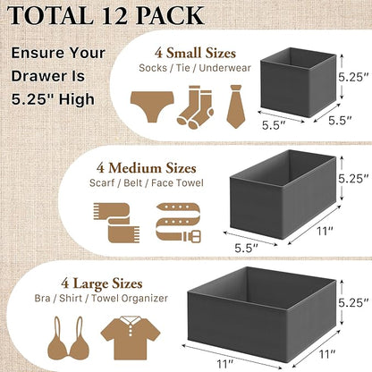 Simple Houseware Foldable Drawer Organizer for Clothes/Underwear/Panty/Onesie Stocking Bin, Set of 12, Dark Gray