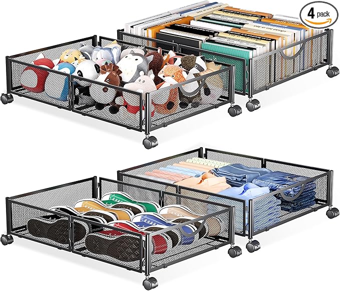 Yecaye Under Bed Storage with Wheels, 4 Pack Under Bed Shoe Storage Organizer Drawer, Tool-free Assembly Metal Underbed Storage Containers for Clothes, Shoes, Toys, Black