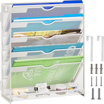 Lavatino 6-Tier Hanging File Organizer, Wall Mount File Holder for Mails Folders Papers Magazine Organization, Vertical Document Organizer for Office Home - (White)