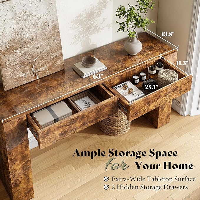 AMERLIFE 63" Burl Wood Console Table, Modern High Gloss Entryway Table with 2 Storage Drawers, Long Sofa Table Behind The Couch for Entrance, Hallway, Foyer, Living Room, Brown